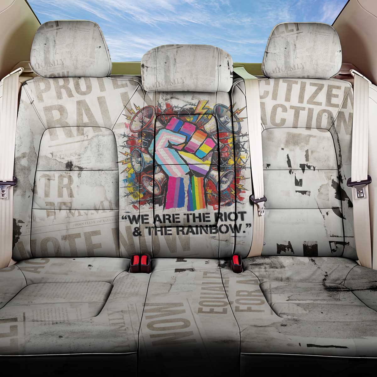 Loud & Proud Back Car Seat Cover Riot and the Rainbow Protest Art