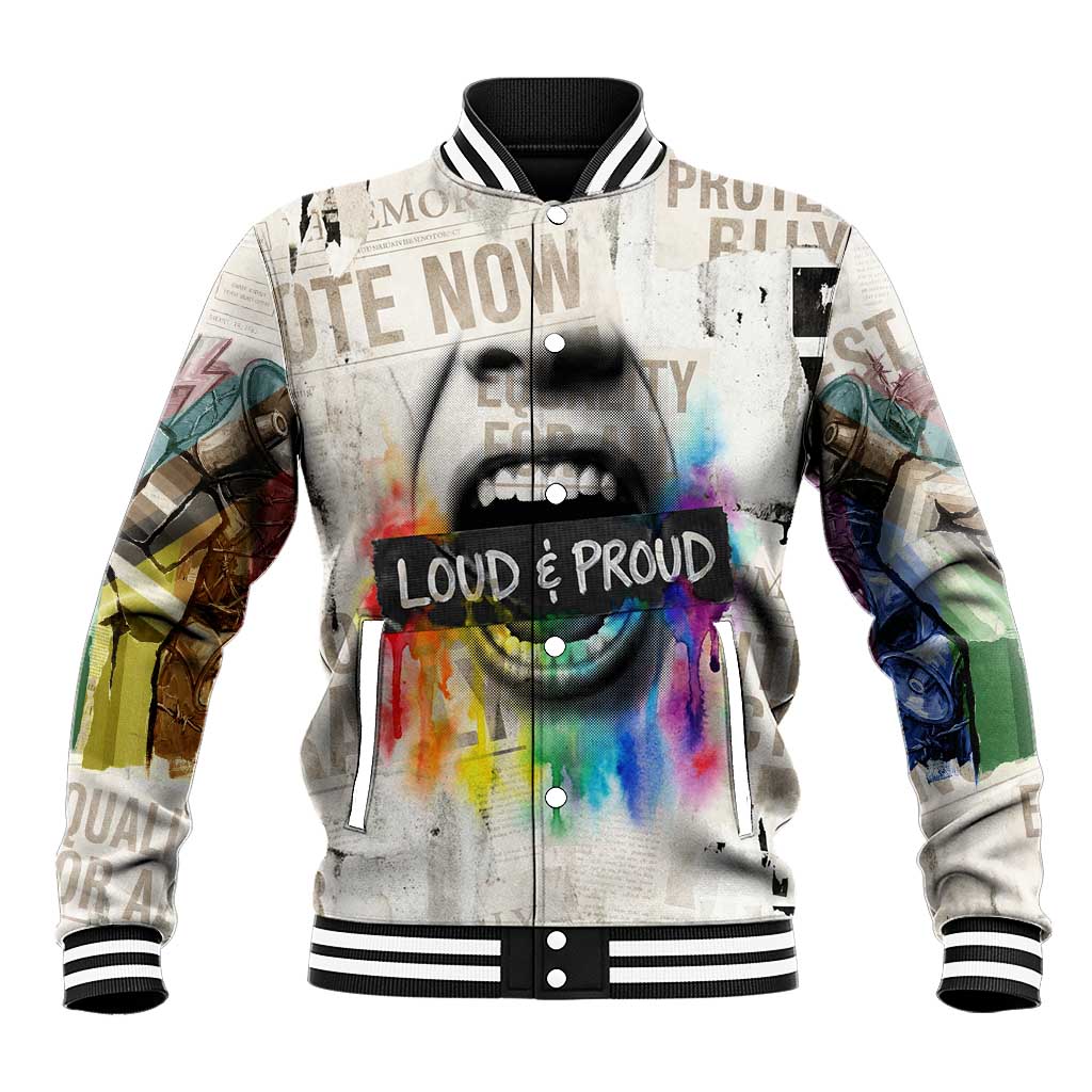 Loud & Proud Baseball Jacket Riot and the Rainbow Protest Art