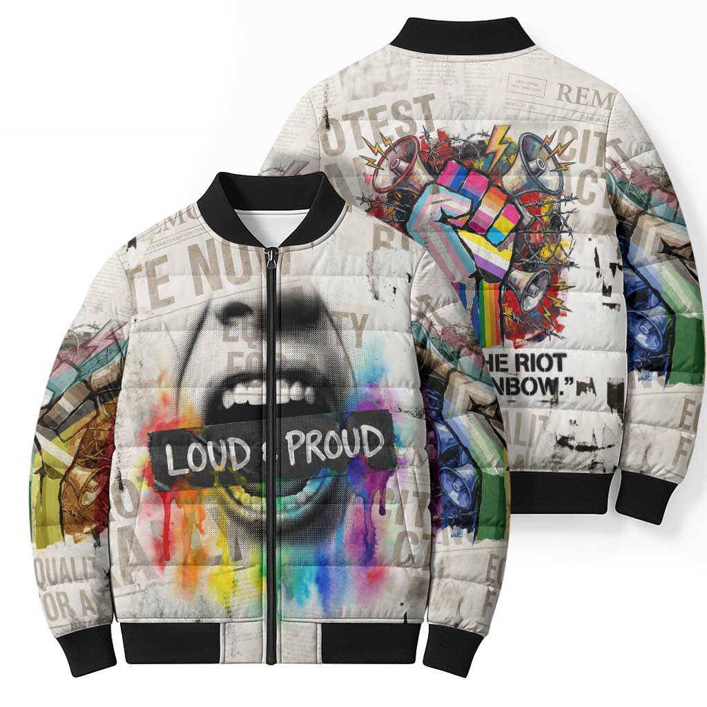 Loud & Proud Bomber Puffer Jacket Riot and the Rainbow Protest Art