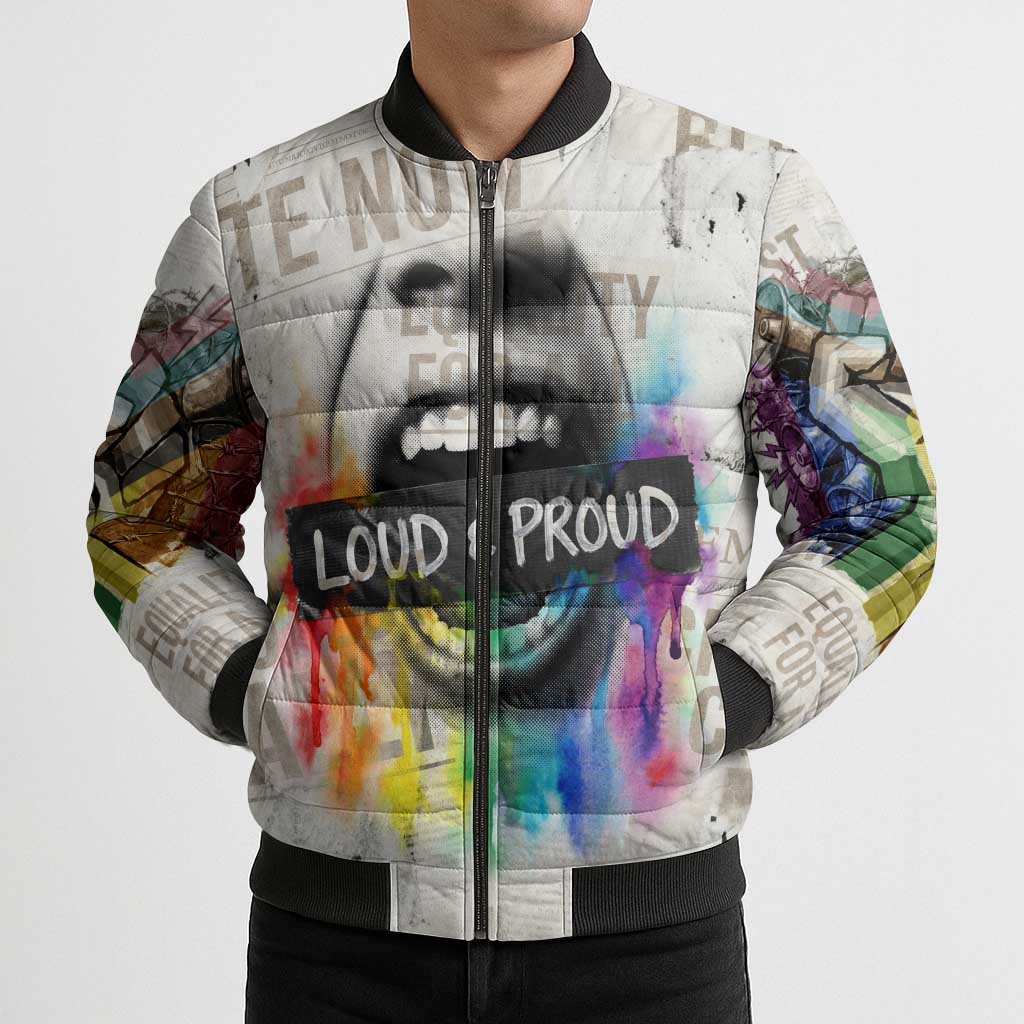 Loud & Proud Bomber Puffer Jacket Riot and the Rainbow Protest Art