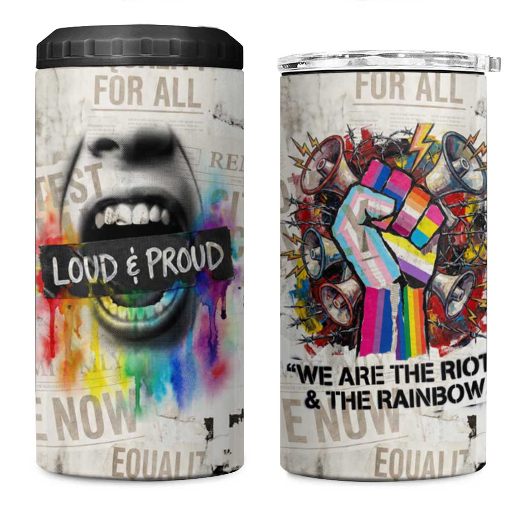 Loud & Proud 4 in 1 Can Cooler Tumbler Riot and the Rainbow Protest Art