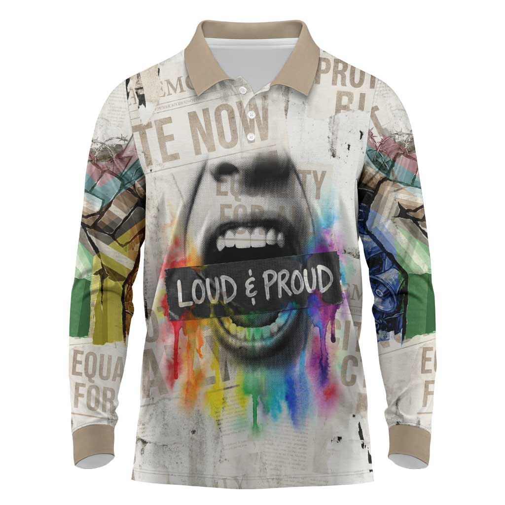 Loud & Proud Long Sleeve Polo Shirt Riot and the Rainbow Protest Art