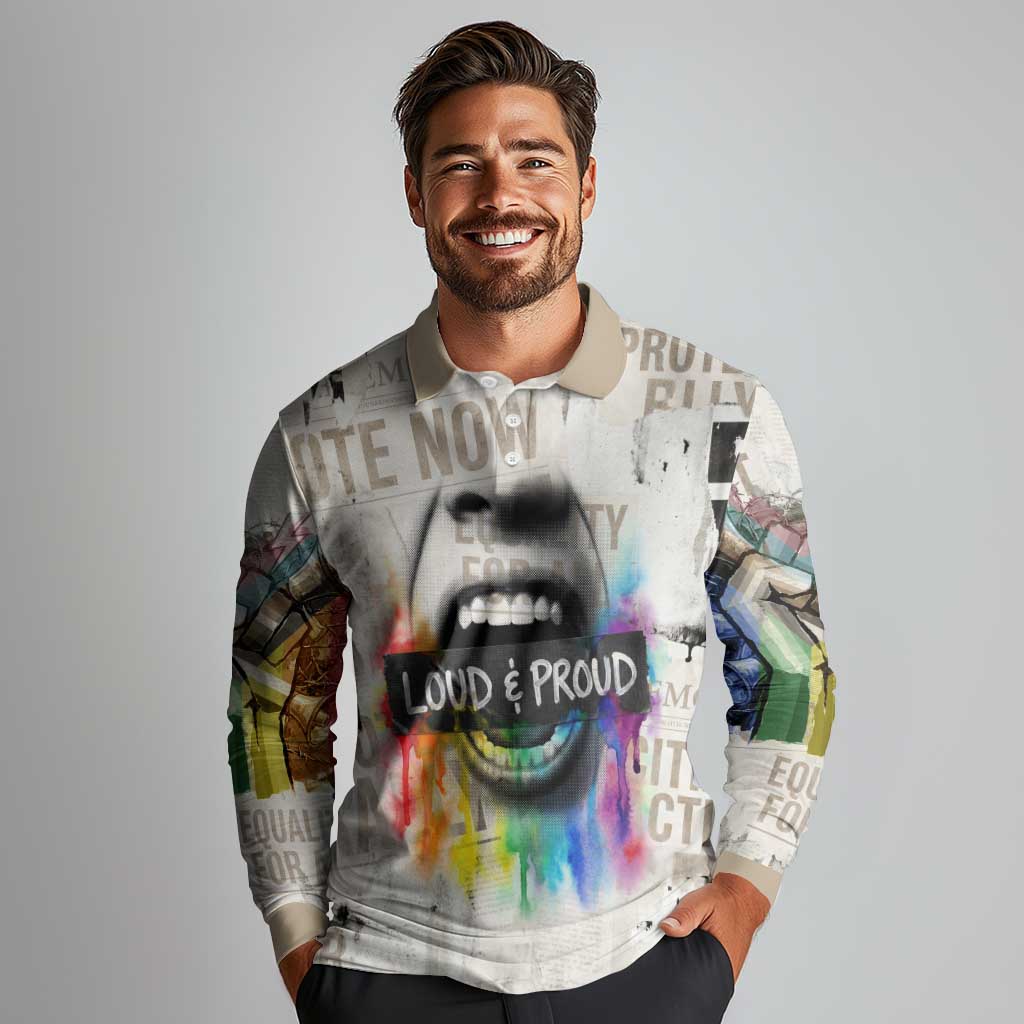 Loud & Proud Long Sleeve Polo Shirt Riot and the Rainbow Protest Art