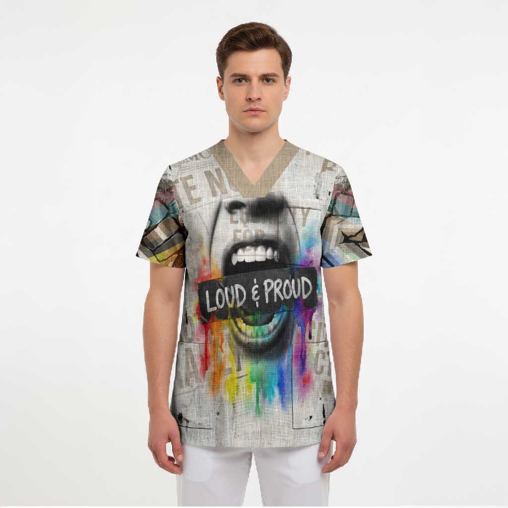 Loud & Proud Scrub Top Riot and the Rainbow Protest Art