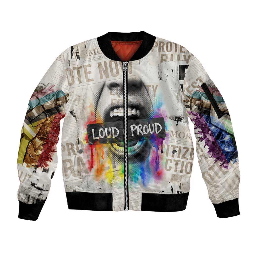 Loud & Proud Sleeve Zip Bomber Jacket Riot and the Rainbow Protest Art
