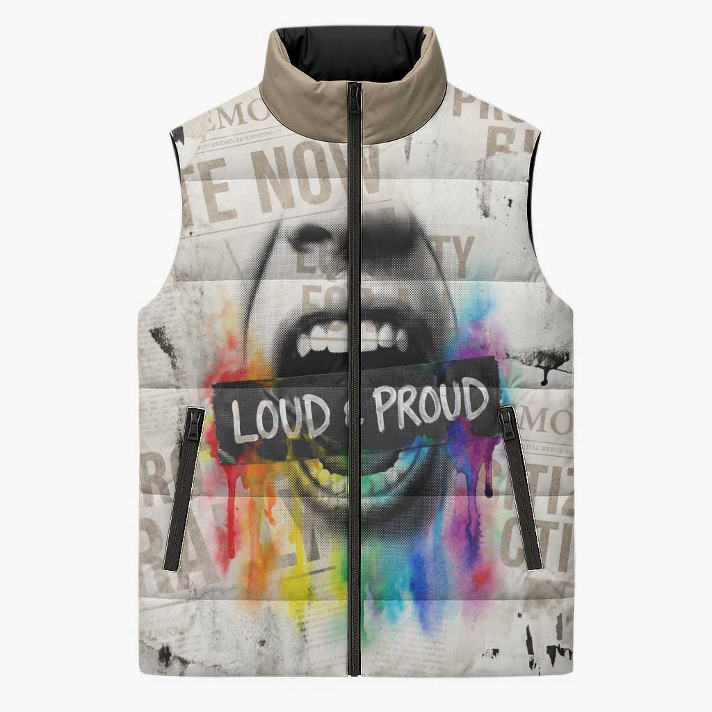 Loud & Proud Sleeveless Puffer Jacket Riot and the Rainbow Protest Art