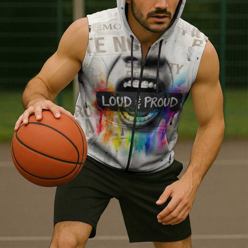 Loud & Proud Sleeveless Zip Hoodie Riot and the Rainbow Protest Art