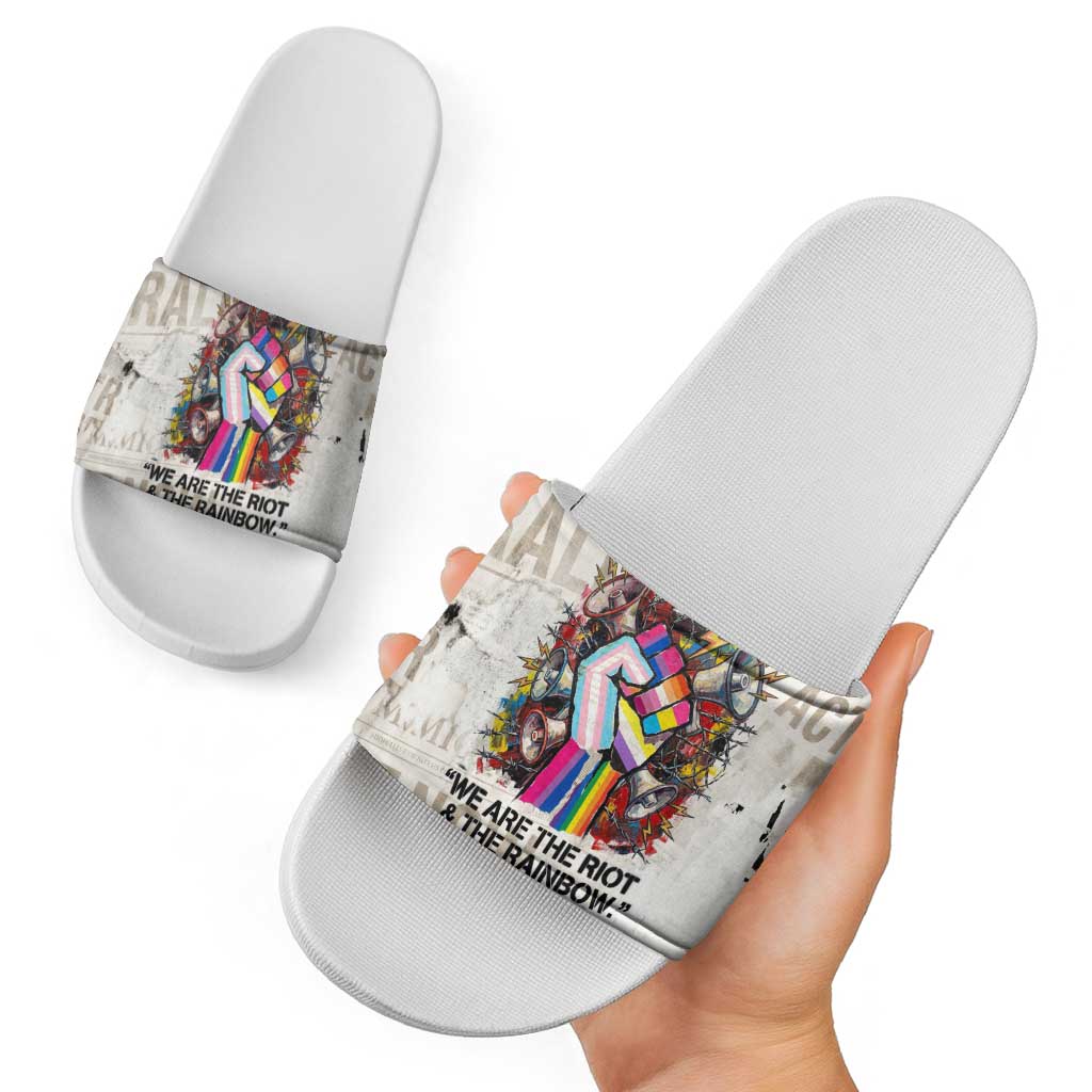 Loud & Proud Slide Sandals Riot and the Rainbow Protest Art