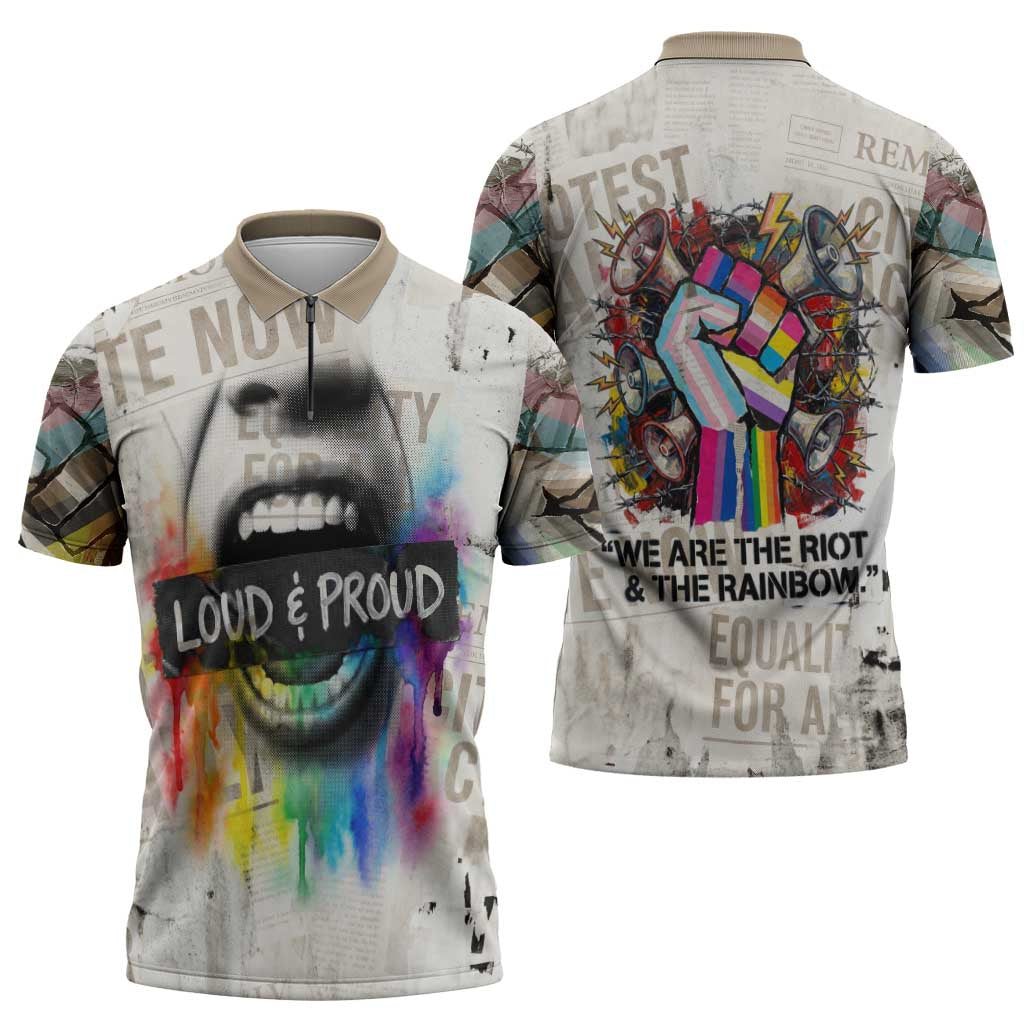 Loud & Proud Zipper Polo Shirt Riot and the Rainbow Protest Art