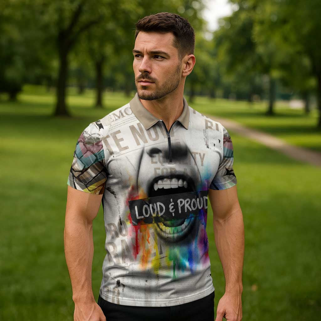 Loud & Proud Zipper Polo Shirt Riot and the Rainbow Protest Art