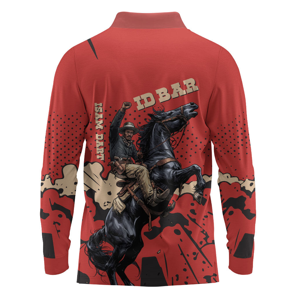 Isom Dart Black Cowboy Long Sleeve Polo Shirt Wild West Outlaw Vintage Comic Art