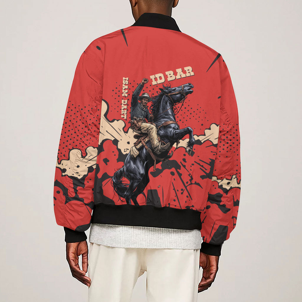 Isom Dart Black Cowboy Sleeve Zip Bomber Jacket Wild West Outlaw Vintage Comic Art