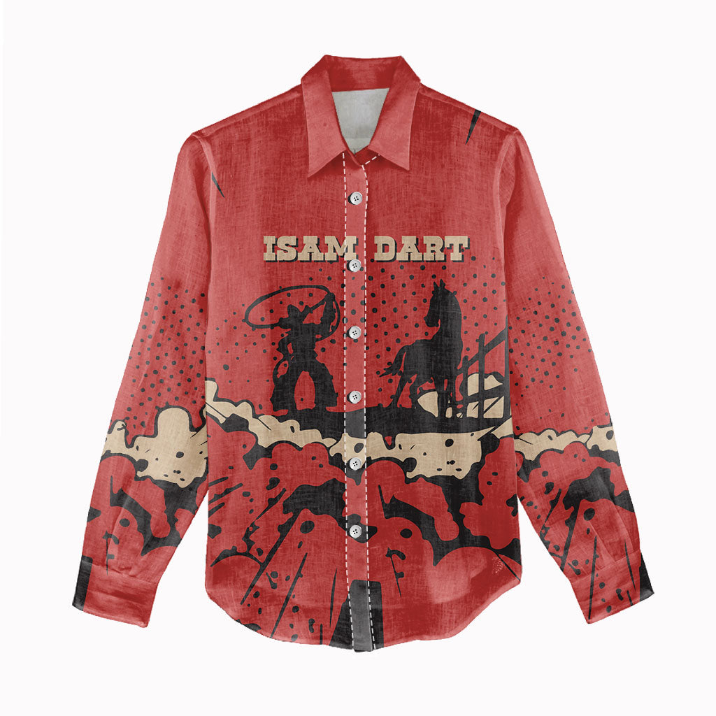 Isom Dart Black Cowboy Women Casual Shirt Wild West Outlaw Vintage Comic Art