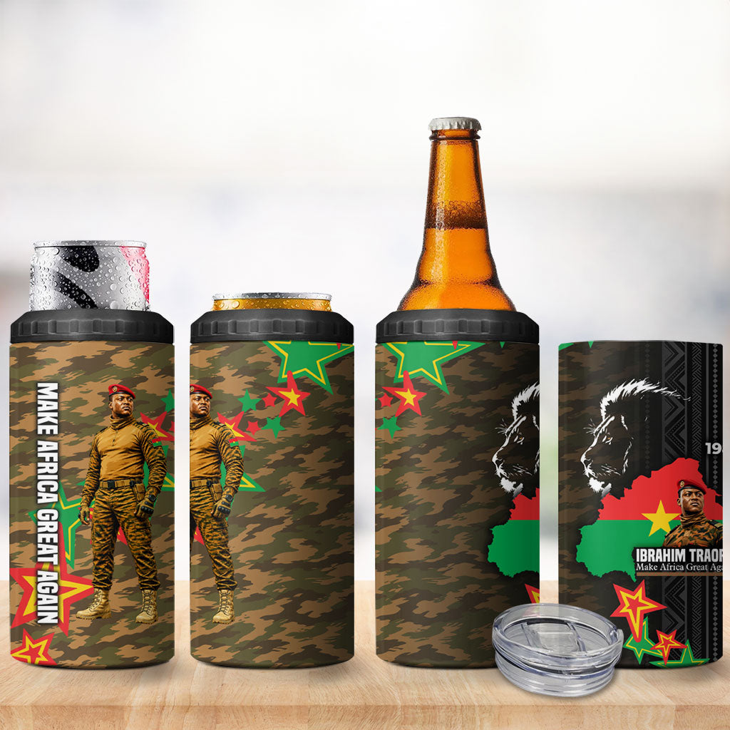 Ibrahim Traore Burkina Faso Make Africa Great Again 4 in 1 Can Cooler Tumbler West African Patriotic Military Tribal Patterns
