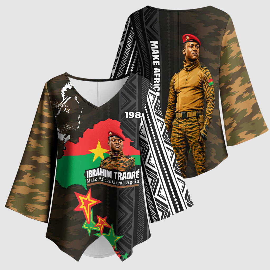 Ibrahim Traore Burkina Faso Make Africa Great Again Kimono Sleeve Blouse West African Patriotic Military Tribal Patterns