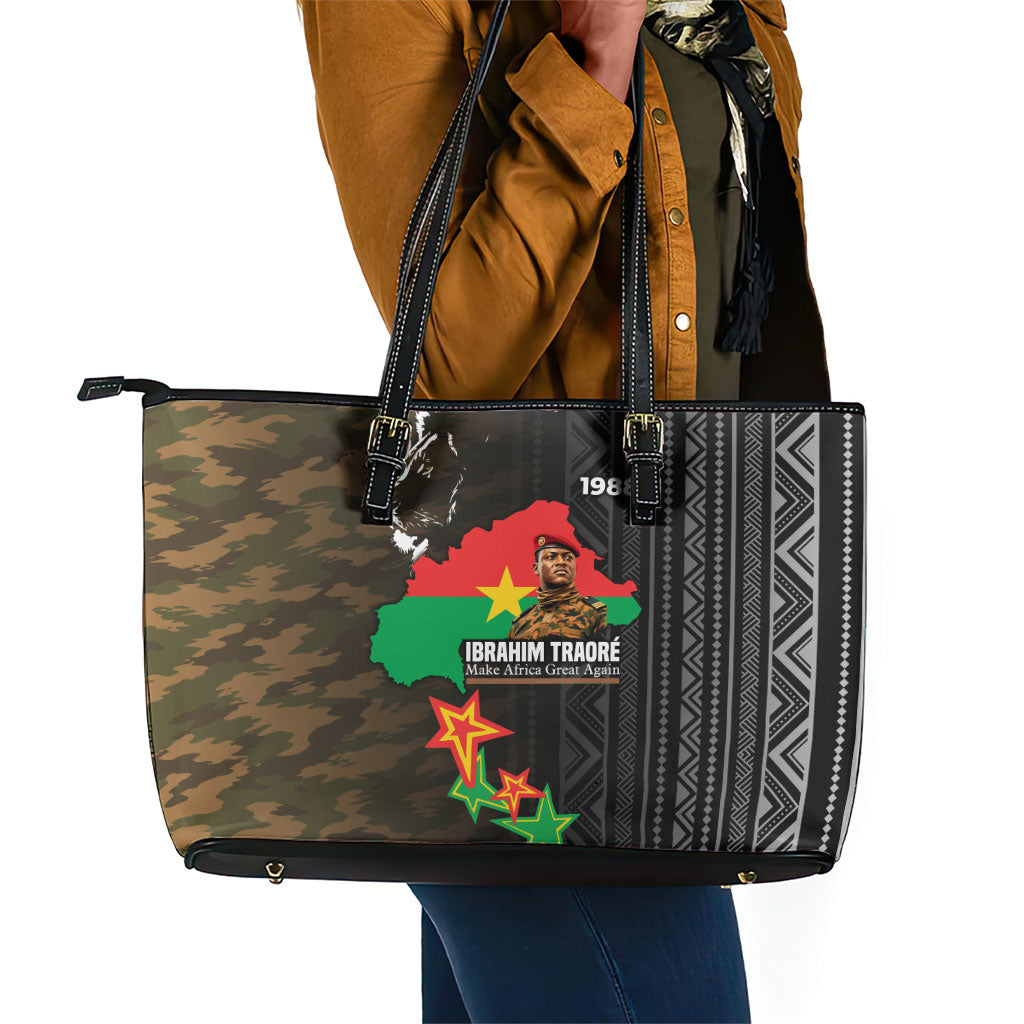 Ibrahim Traore Burkina Faso Make Africa Great Again Leather Tote Bag West African Patriotic Military Tribal Patterns