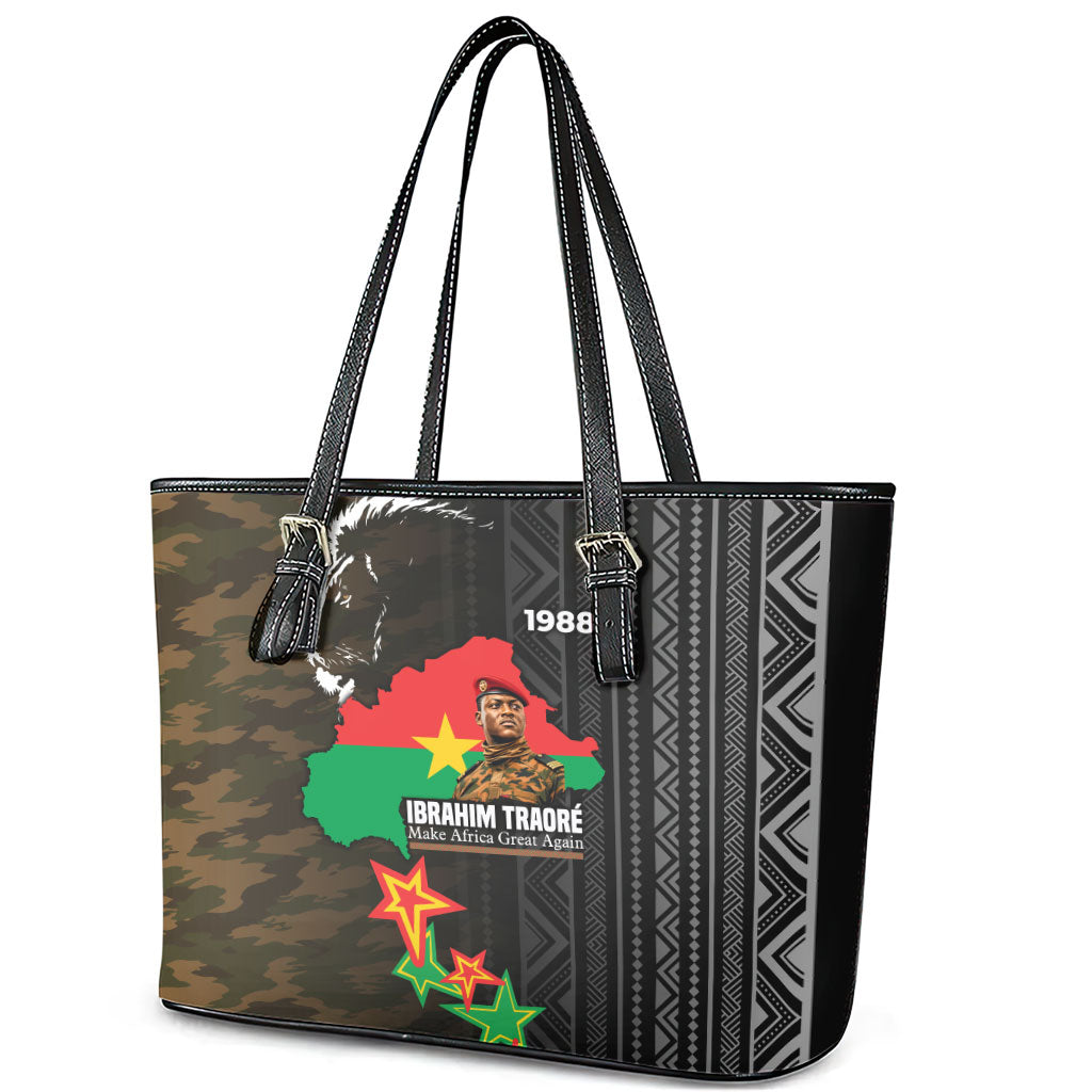 Ibrahim Traore Burkina Faso Make Africa Great Again Leather Tote Bag West African Patriotic Military Tribal Patterns