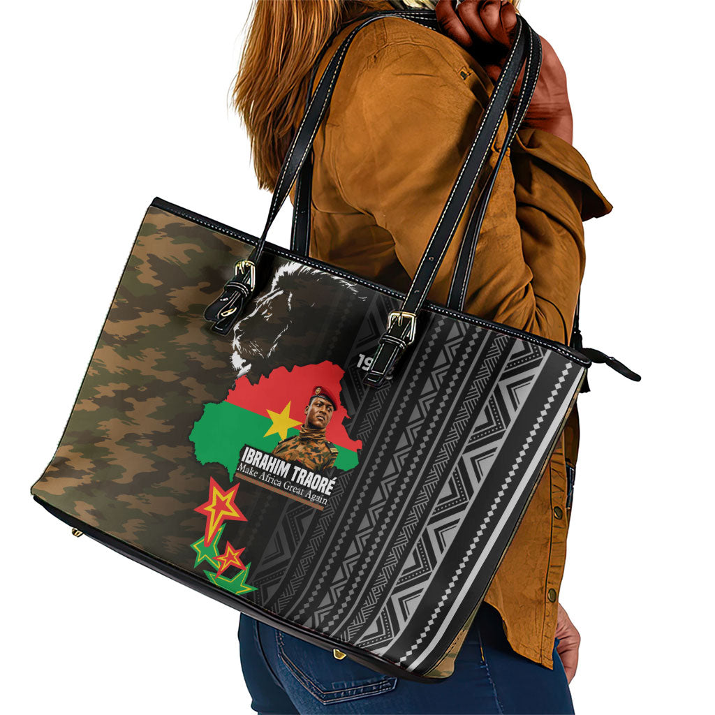 Ibrahim Traore Burkina Faso Make Africa Great Again Leather Tote Bag West African Patriotic Military Tribal Patterns