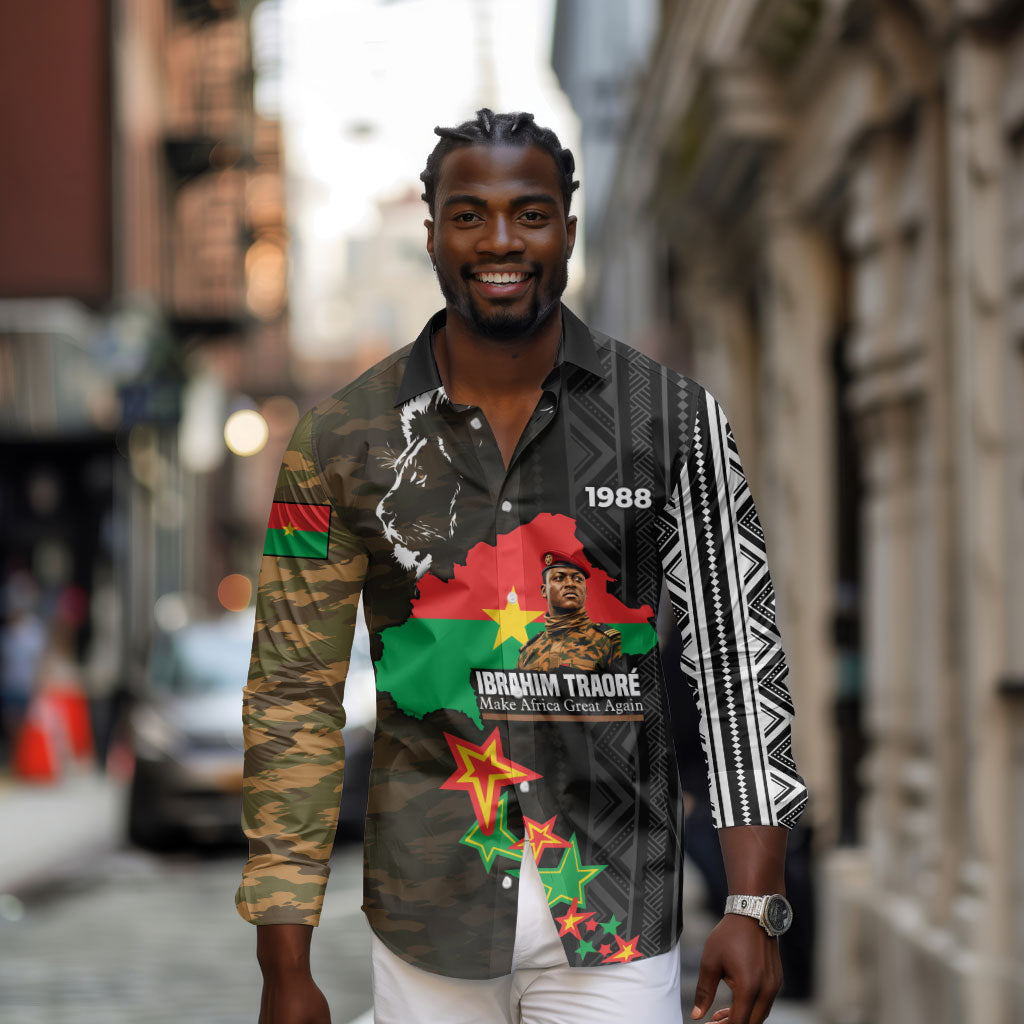 Ibrahim Traore Burkina Faso Make Africa Great Again Long Sleeve Button Shirt West African Patriotic Military Tribal Patterns