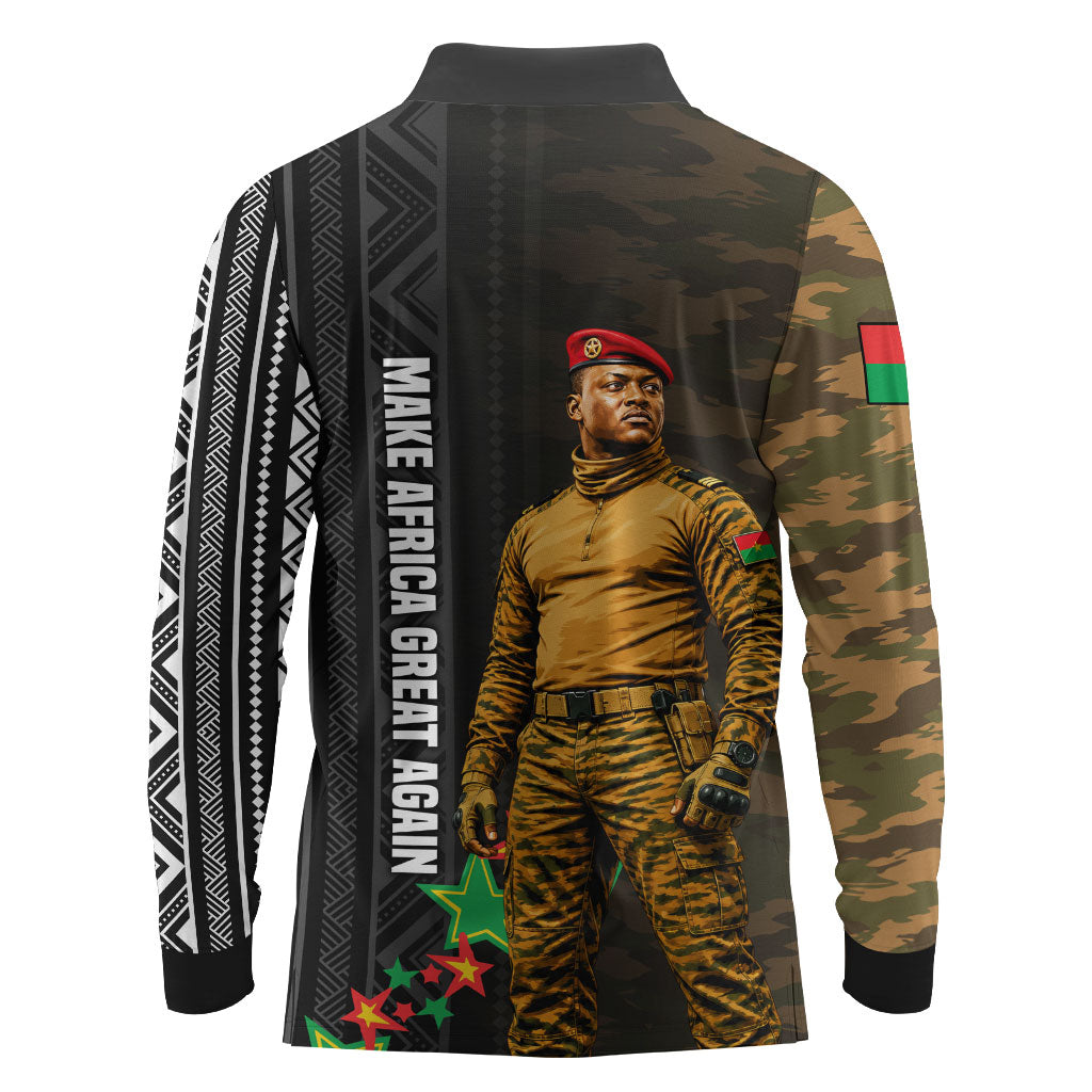 Ibrahim Traore Burkina Faso Make Africa Great Again Long Sleeve Polo Shirt West African Patriotic Military Tribal Patterns