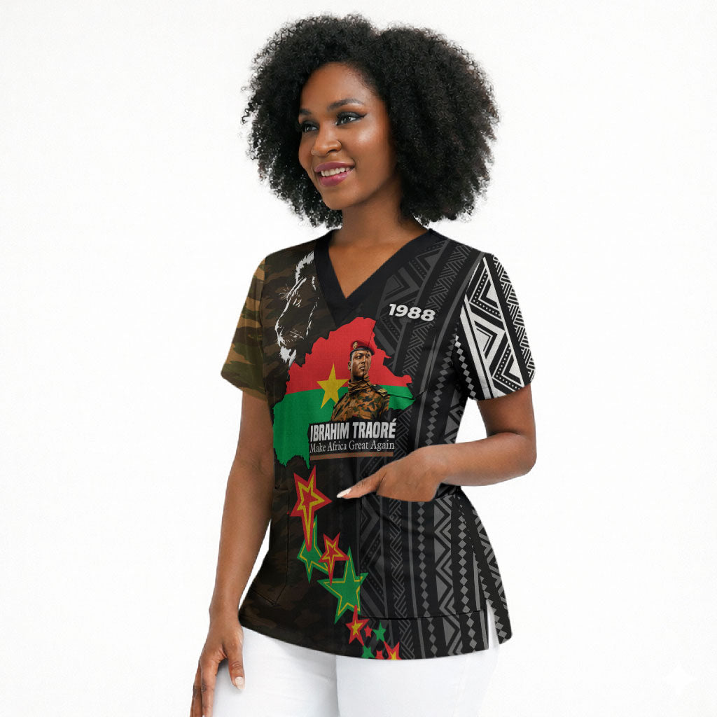 Ibrahim Traore Burkina Faso Make Africa Great Again Scrub Top West African Patriotic Military Tribal Patterns