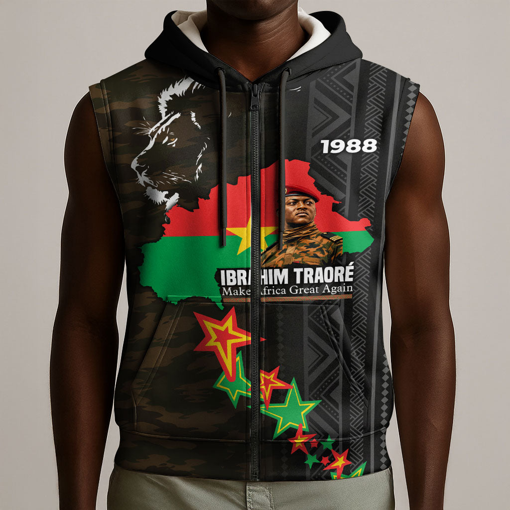 Ibrahim Traore Burkina Faso Make Africa Great Again Sleeveless Zip Hoodie West African Patriotic Military Tribal Patterns