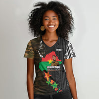 Ibrahim Traore Burkina Faso Make Africa Great Again Women V-Neck T-Shirt West African Patriotic Military Tribal Patterns
