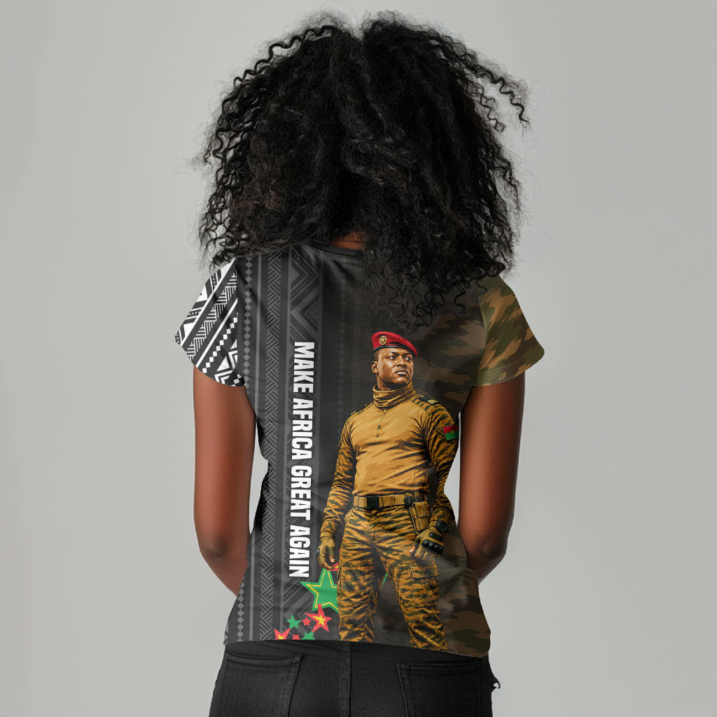 Ibrahim Traore Burkina Faso Make Africa Great Again Women V-Neck T-Shirt West African Patriotic Military Tribal Patterns