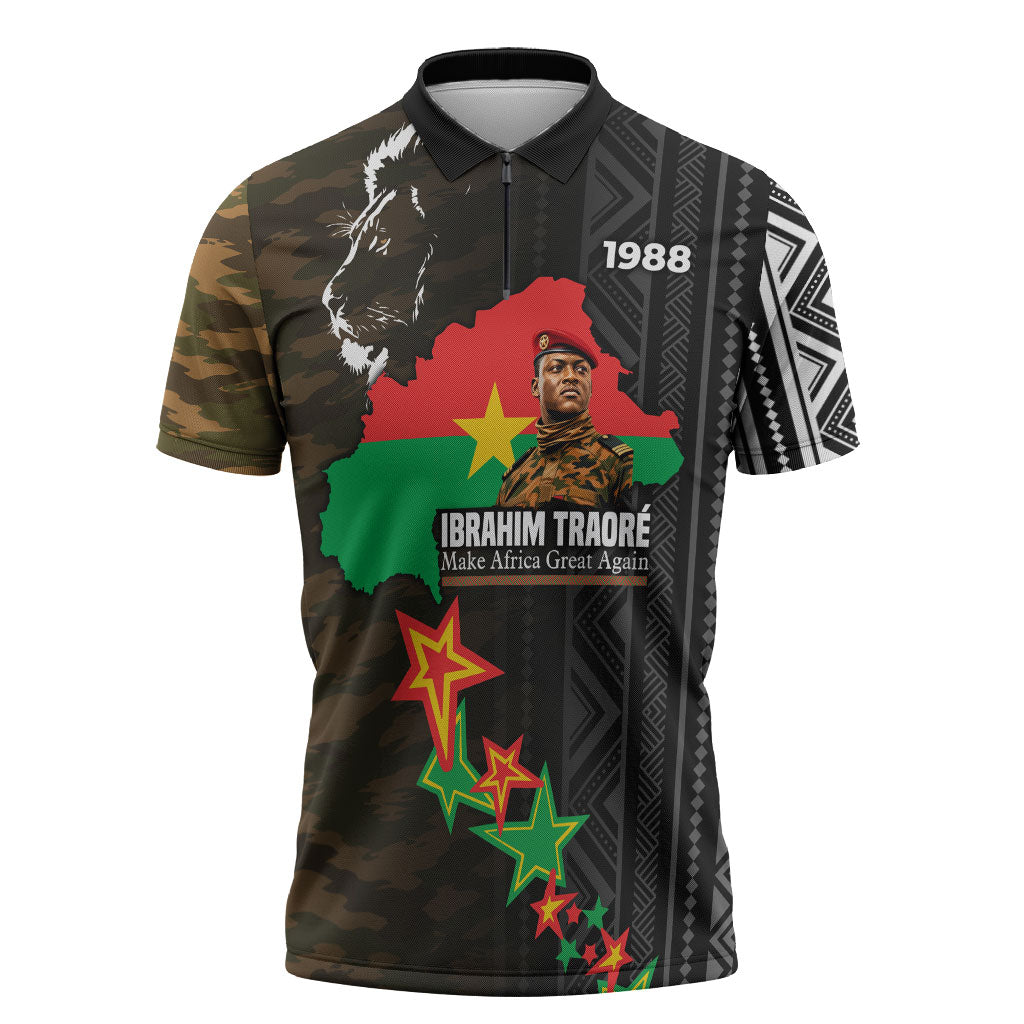 Ibrahim Traore Burkina Faso Make Africa Great Again Zipper Polo Shirt West African Patriotic Military Tribal Patterns