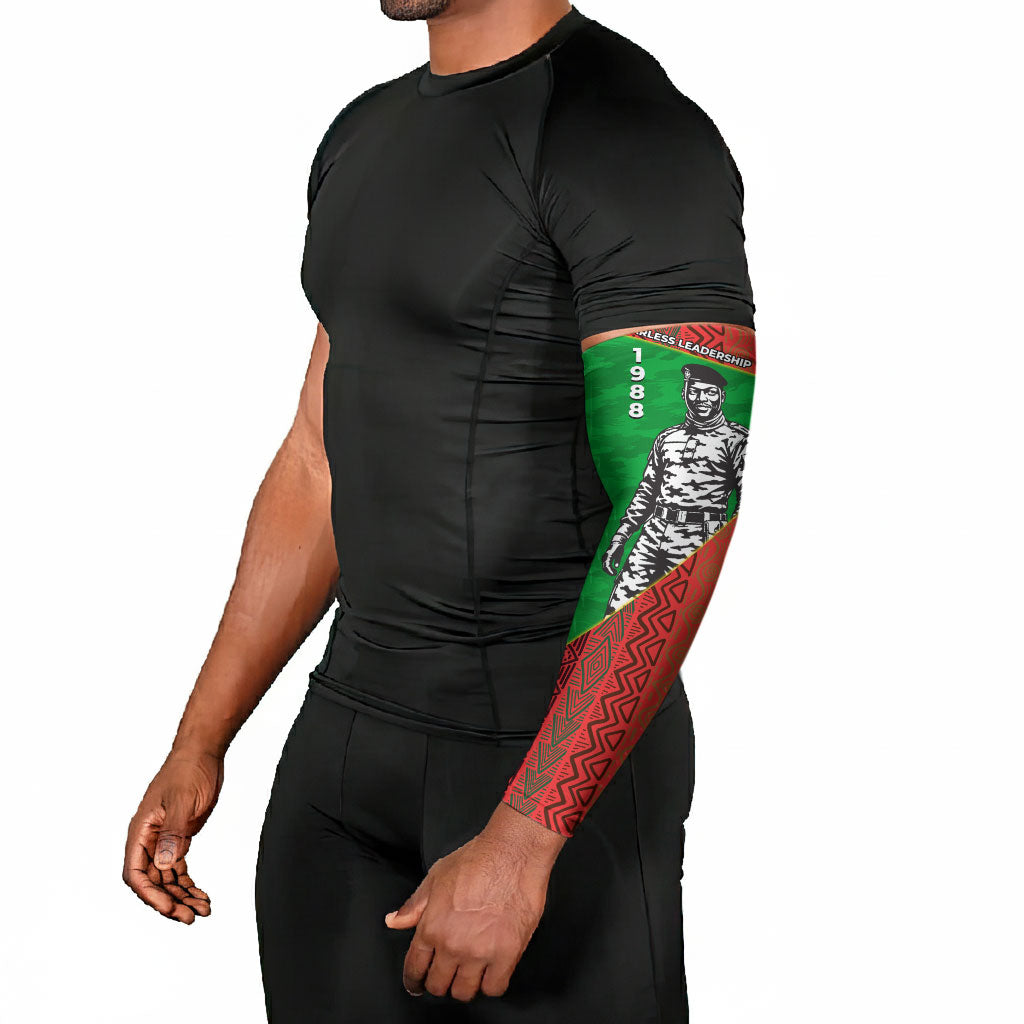 Ibrahim Traore Burkina Faso Fearless Leadership Arm Sleeves West African Tribal Pattern And Patriotic Camo Art