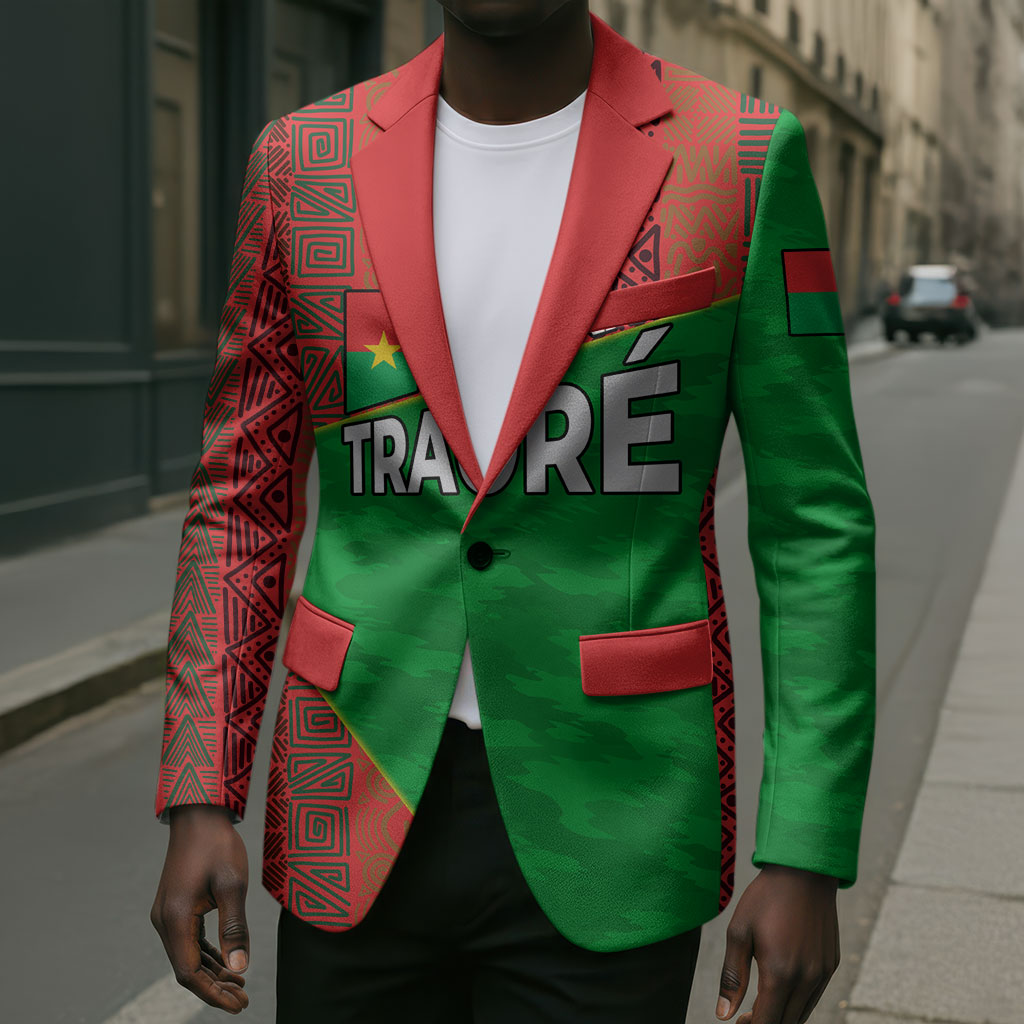 Ibrahim Traore Burkina Faso Fearless Leadership Blazer West African Tribal Pattern And Patriotic Camo Art