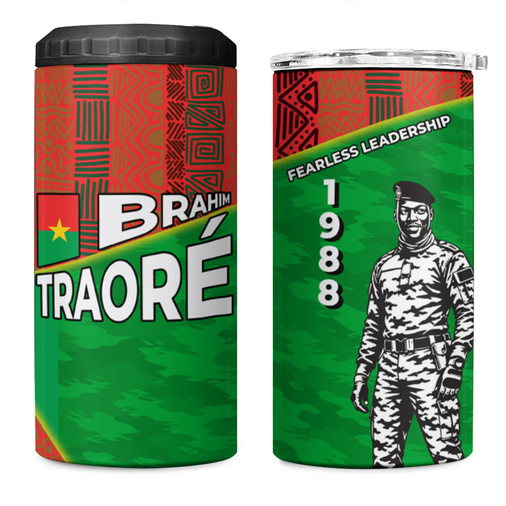 Ibrahim Traore Burkina Faso Fearless Leadership 4 in 1 Can Cooler Tumbler West African Tribal Pattern And Patriotic Camo Art