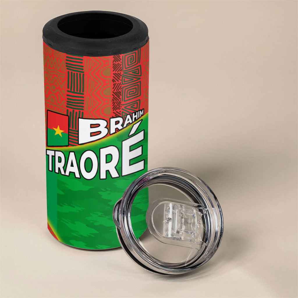 Ibrahim Traore Burkina Faso Fearless Leadership 4 in 1 Can Cooler Tumbler West African Tribal Pattern And Patriotic Camo Art