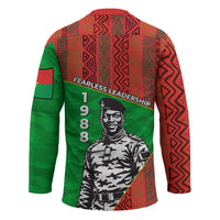 Ibrahim Traore Burkina Faso Fearless Leadership Hockey Jersey West African Tribal Pattern And Patriotic Camo Art