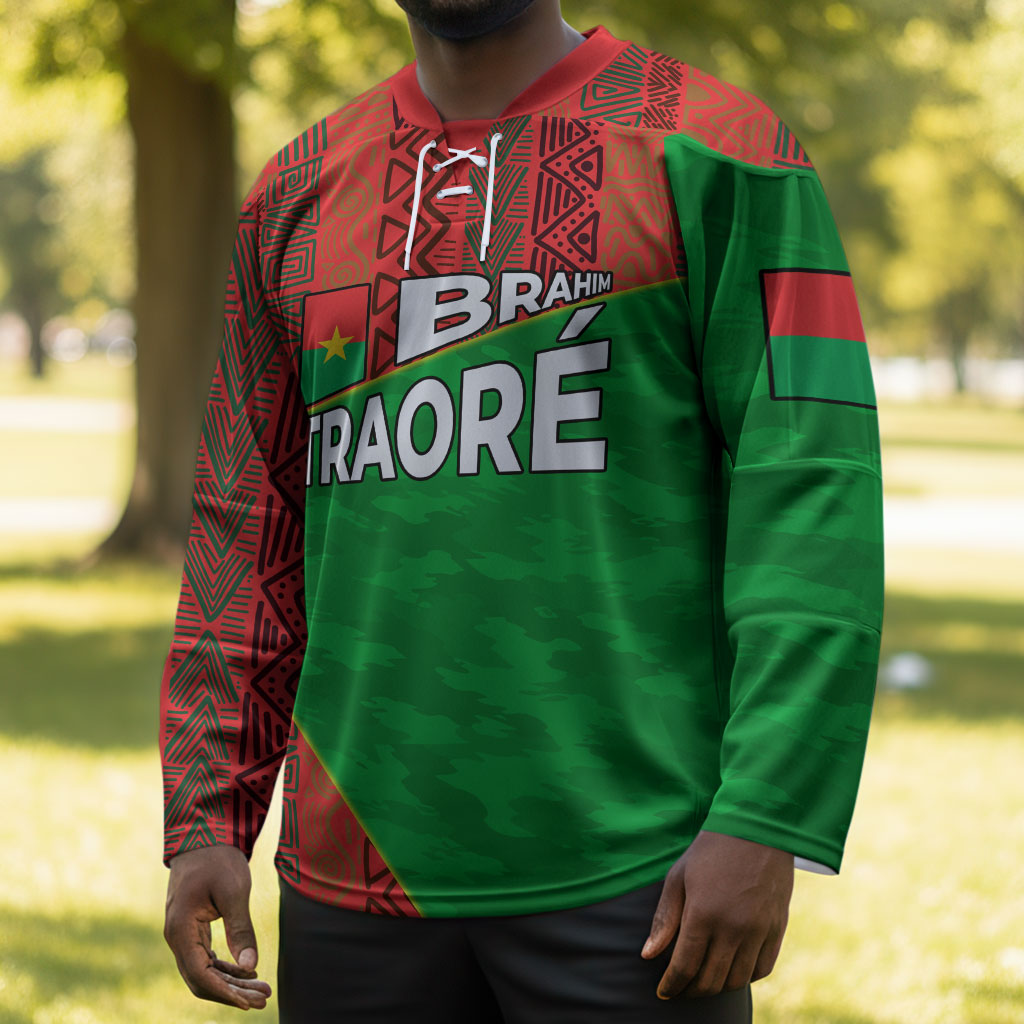 Ibrahim Traore Burkina Faso Fearless Leadership Hockey Jersey West African Tribal Pattern And Patriotic Camo Art