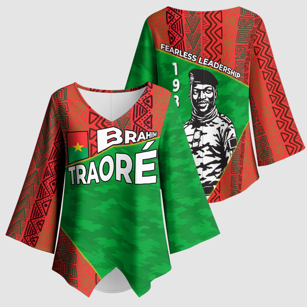 Ibrahim Traore Burkina Faso Fearless Leadership Kimono Sleeve Blouse West African Tribal Pattern And Patriotic Camo Art