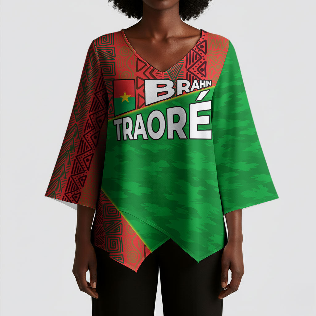 Ibrahim Traore Burkina Faso Fearless Leadership Kimono Sleeve Blouse West African Tribal Pattern And Patriotic Camo Art