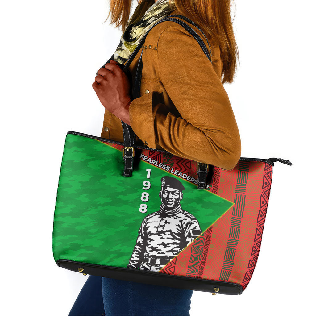 Ibrahim Traore Burkina Faso Fearless Leadership Leather Tote Bag West African Tribal Pattern And Patriotic Camo Art