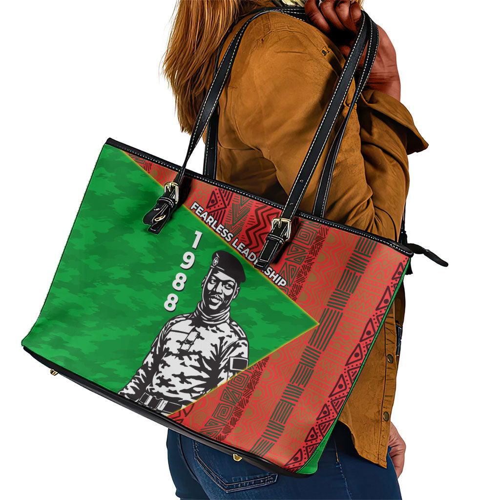 Ibrahim Traore Burkina Faso Fearless Leadership Leather Tote Bag West African Tribal Pattern And Patriotic Camo Art