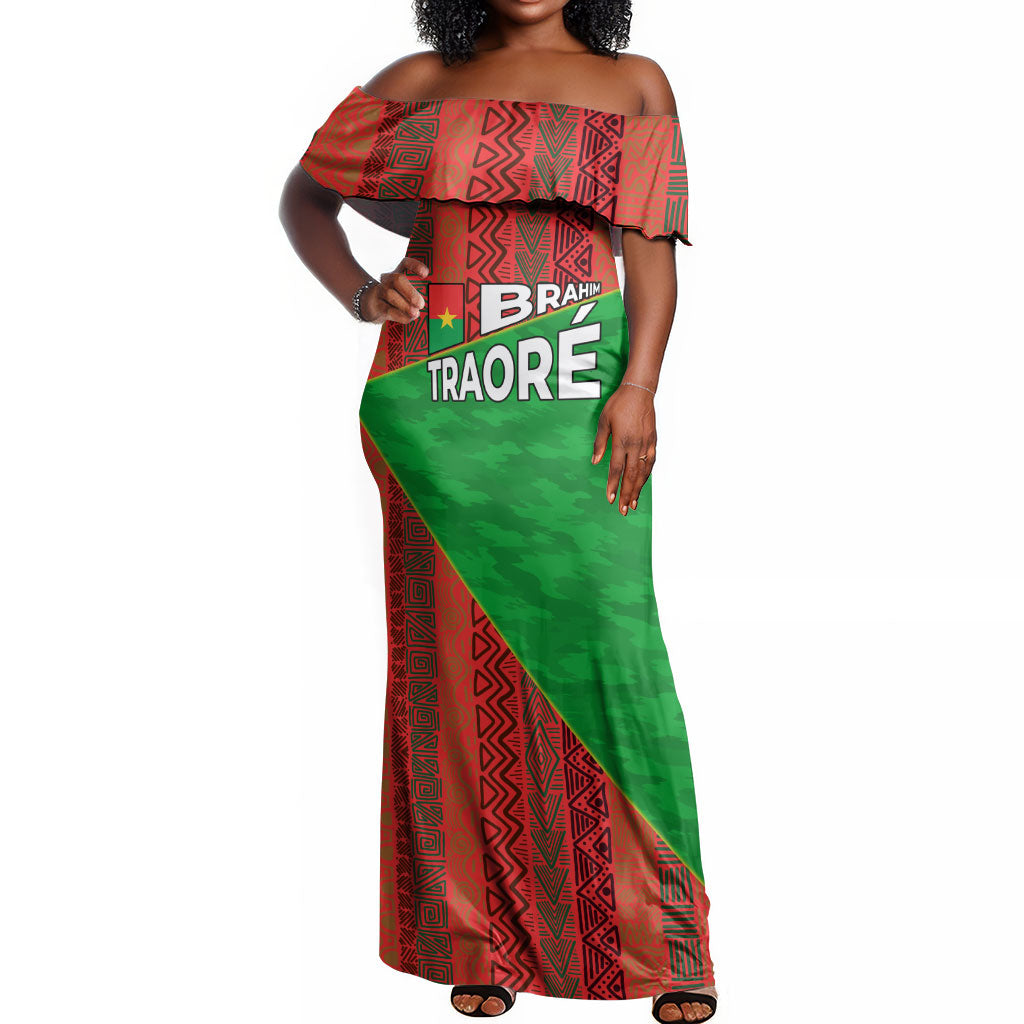 Ibrahim Traore Burkina Faso Fearless Leadership Off Shoulder Maxi Dress West African Tribal Pattern And Patriotic Camo Art
