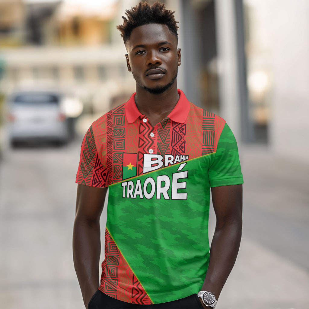 Ibrahim Traore Burkina Faso Fearless Leadership Polo Shirt West African Tribal Pattern And Patriotic Camo Art
