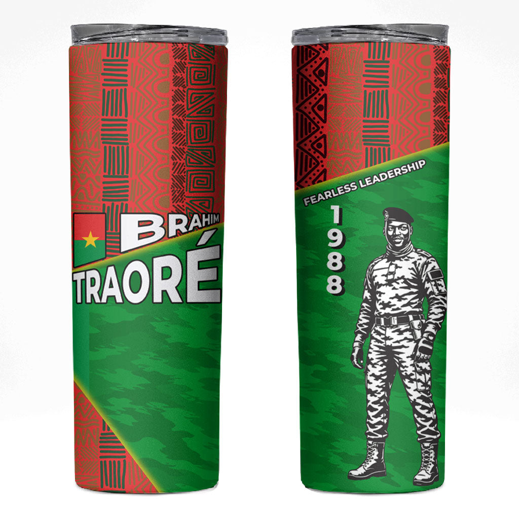 Ibrahim Traore Burkina Faso Fearless Leadership Skinny Tumbler West African Tribal Pattern And Patriotic Camo Art