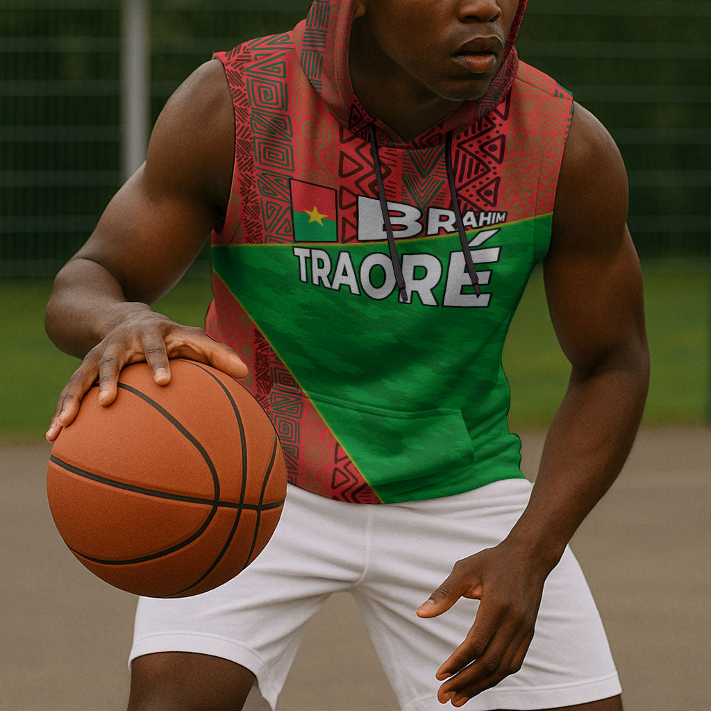 Ibrahim Traore Burkina Faso Fearless Leadership Sleeveless Hoodie West African Tribal Pattern And Patriotic Camo Art