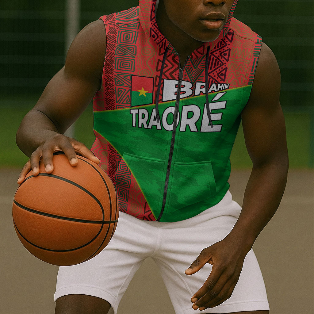 Ibrahim Traore Burkina Faso Fearless Leadership Sleeveless Zip Hoodie West African Tribal Pattern And Patriotic Camo Art