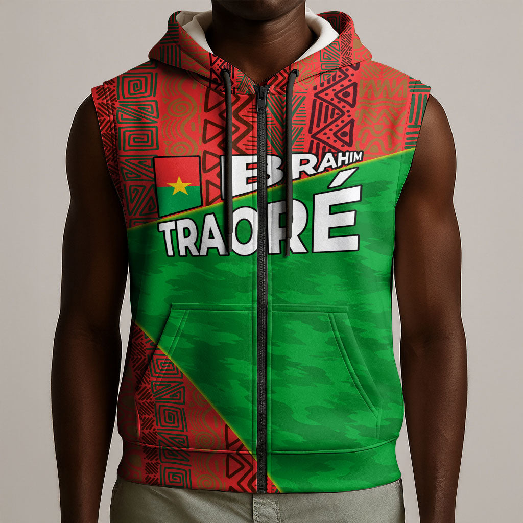 Ibrahim Traore Burkina Faso Fearless Leadership Sleeveless Zip Hoodie West African Tribal Pattern And Patriotic Camo Art