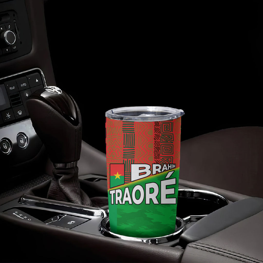 Ibrahim Traore Burkina Faso Fearless Leadership Tumbler Cup West African Tribal Pattern And Patriotic Camo Art