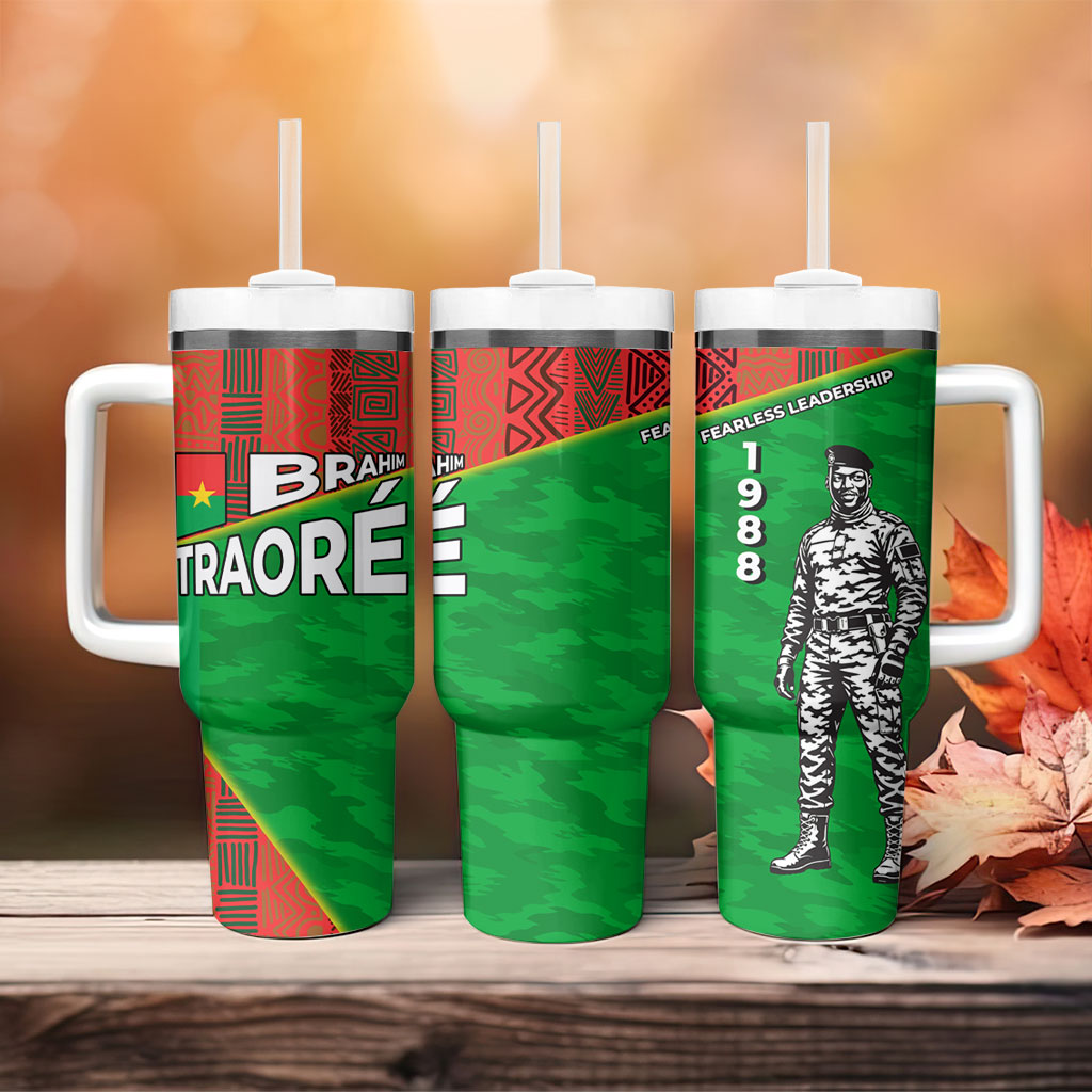 Ibrahim Traore Burkina Faso Fearless Leadership Tumbler With Handle West African Tribal Pattern And Patriotic Camo Art