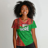 Ibrahim Traore Burkina Faso Fearless Leadership Women V-Neck T-Shirt West African Tribal Pattern And Patriotic Camo Art