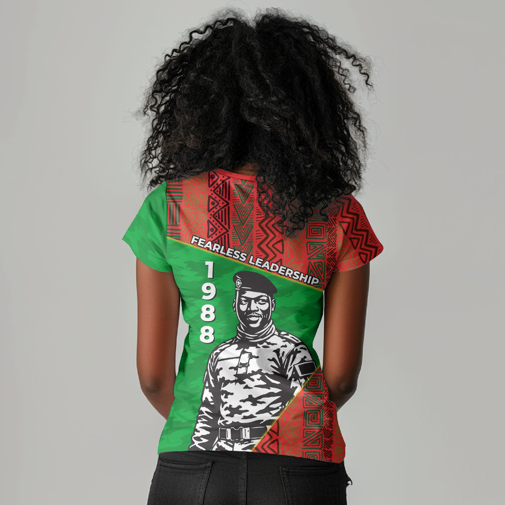 Ibrahim Traore Burkina Faso Fearless Leadership Women V-Neck T-Shirt West African Tribal Pattern And Patriotic Camo Art