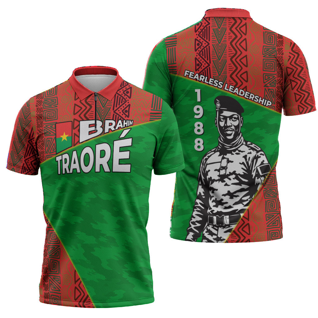 Ibrahim Traore Burkina Faso Fearless Leadership Zipper Polo Shirt West African Tribal Pattern And Patriotic Camo Art
